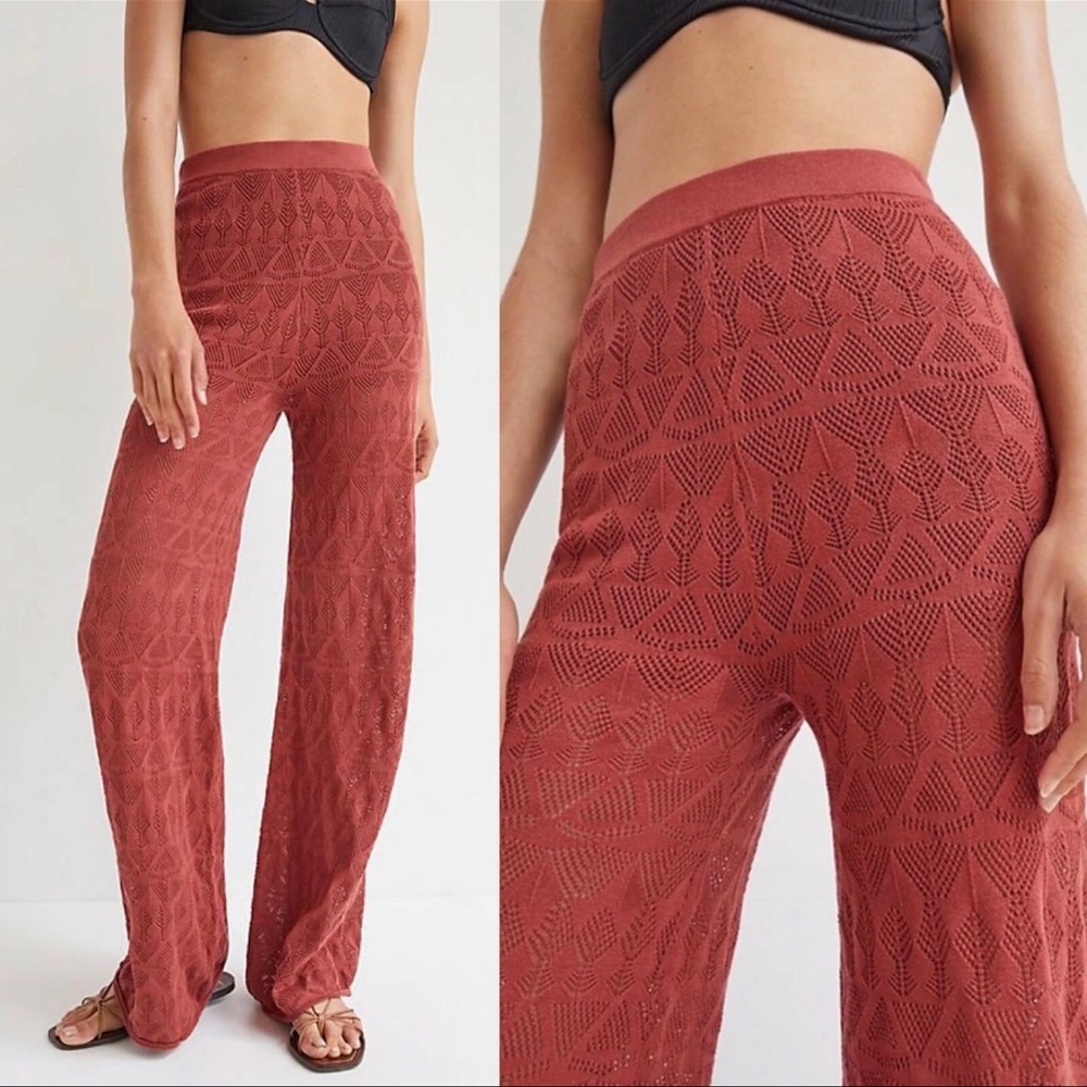 Anthropologie Flat White Pointelle Open Work Knit Flare Pants Size XS